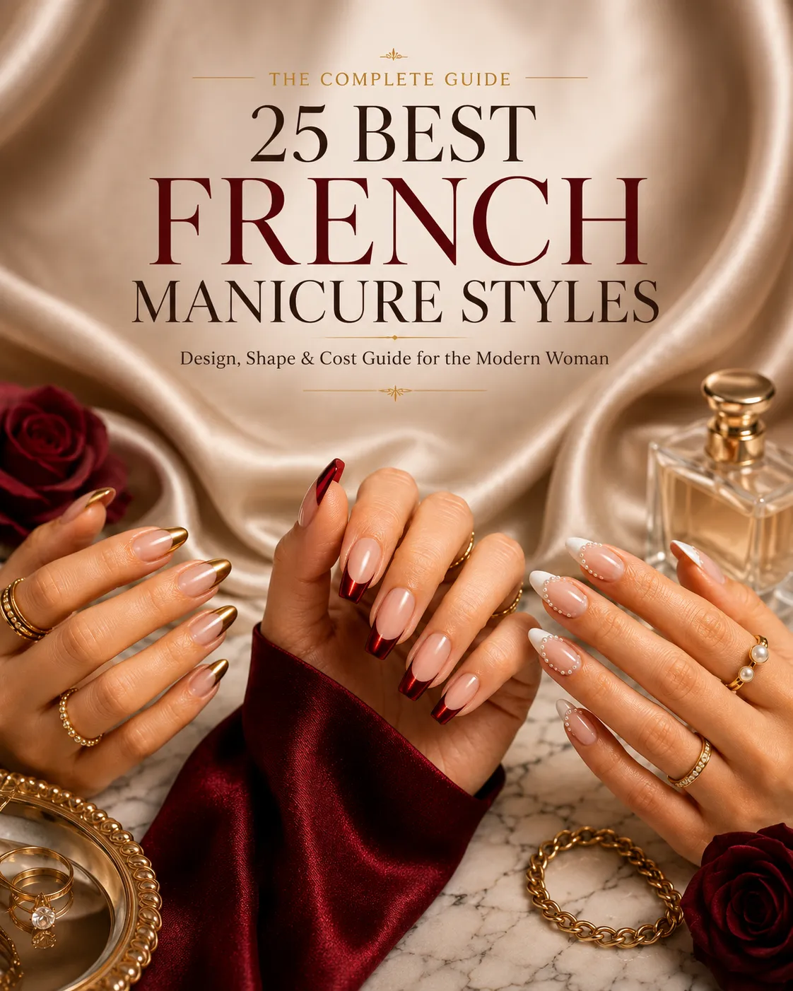 Luxury French manicure styles arranged in an editorial composition featuring classic, chrome, velvet and red French tip nail designs.