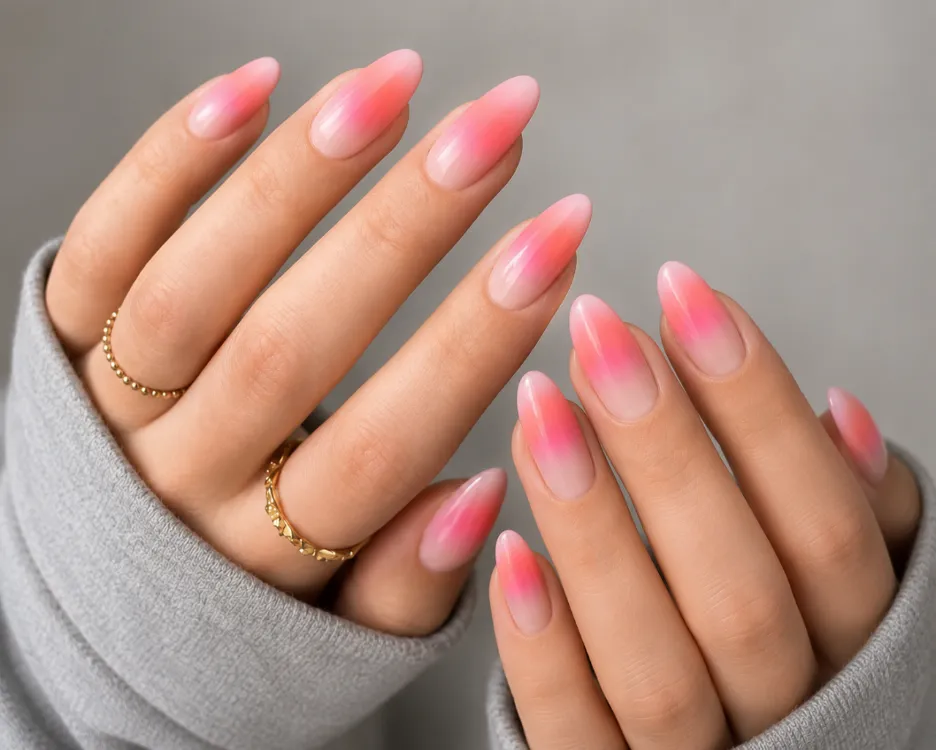 Aura French manicure with glowing colour transitions.