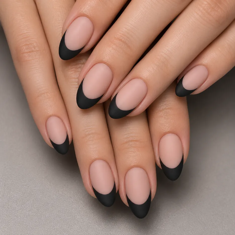 Black French manicure with glossy black smile lines.