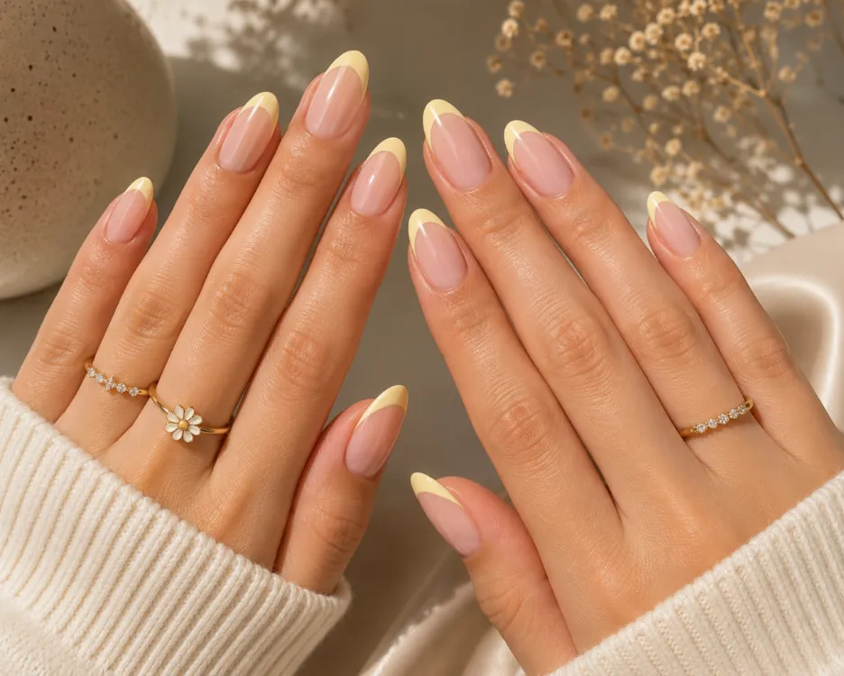 Butter yellow French manicure with soft pastel tips.