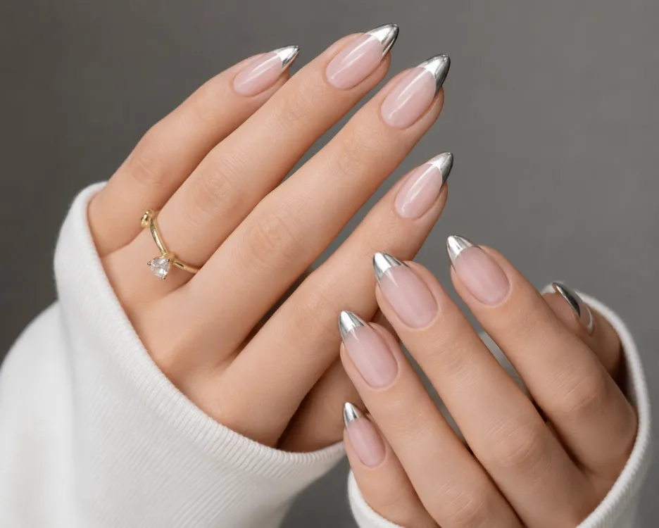 Reflective silver chrome French tip nails