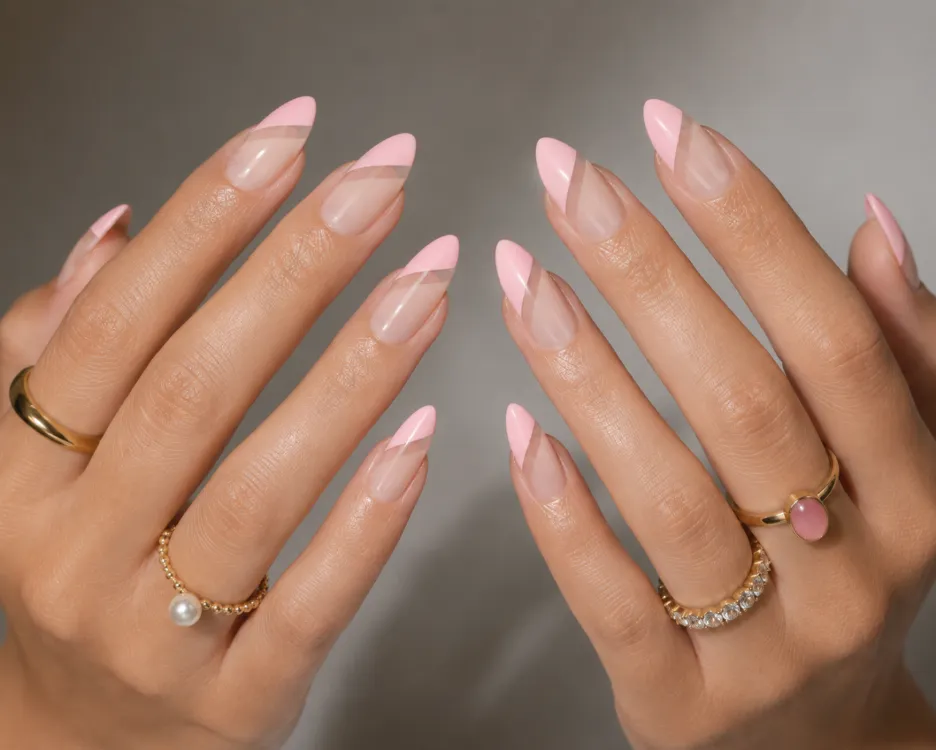 Negative-space French tip design on almond nails