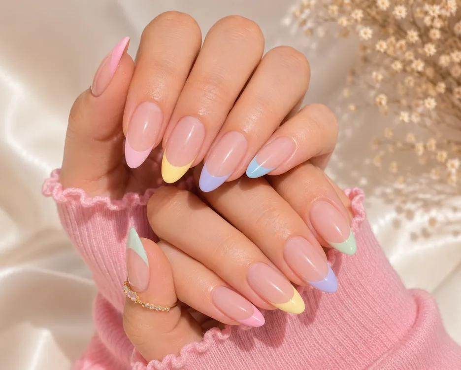 Pastel rainbow French manicure with different coloured tips.