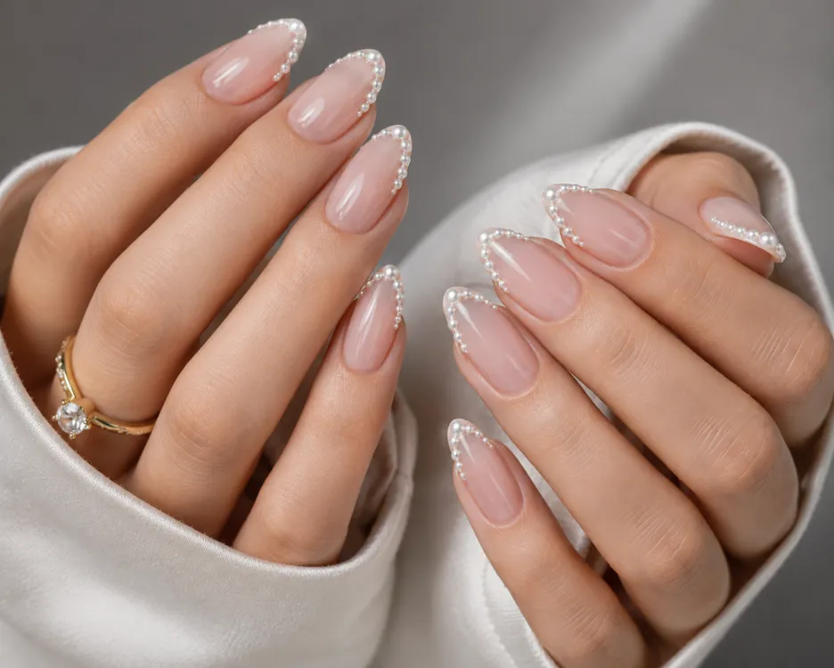 Pearl embellished French tip nails with three dimensional accents