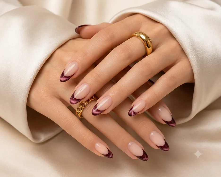 Velvet cat-eye French manicure with magnetic shimmer concentrated at the tips.
