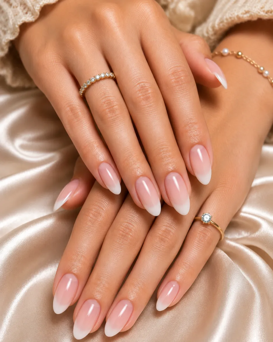 Baby boomer French manicure with a soft pink to white ombre