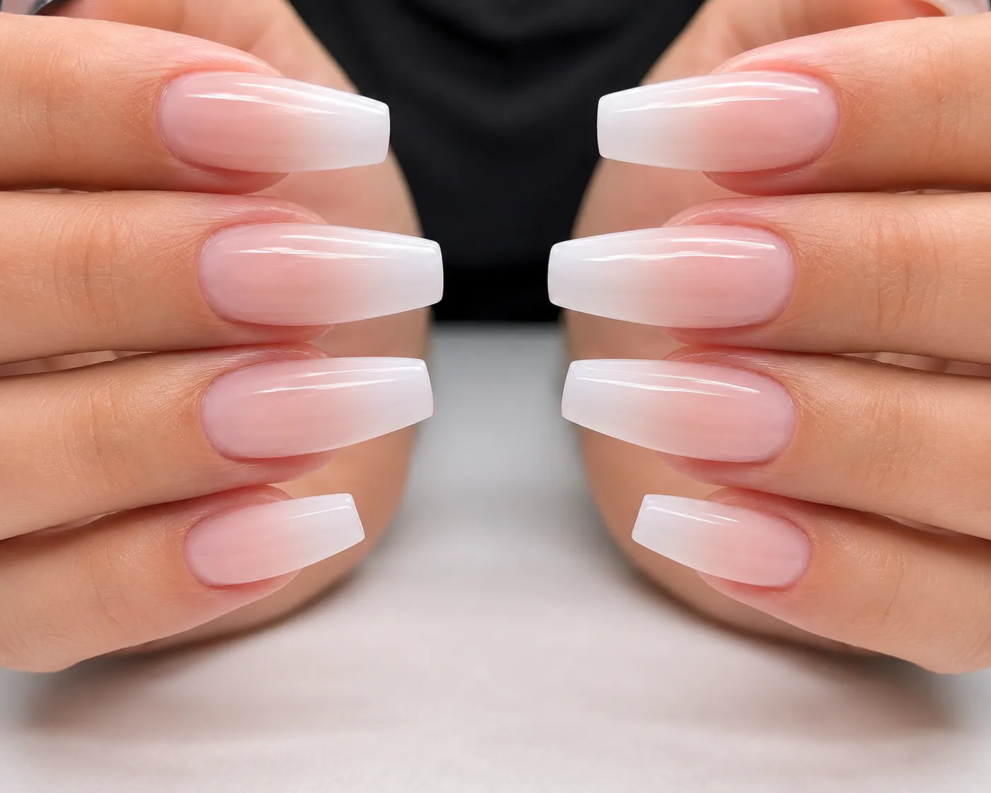 Milky Baby Boomer nails with a translucent white veil over the gradient