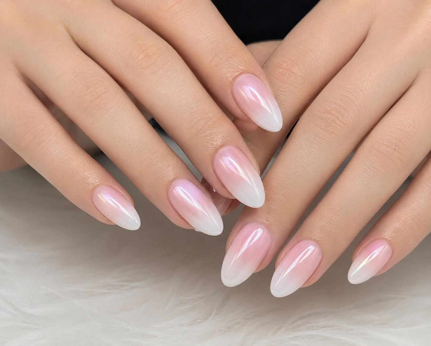 Baby Boomer nails with delicate silver chrome halo at the free edge