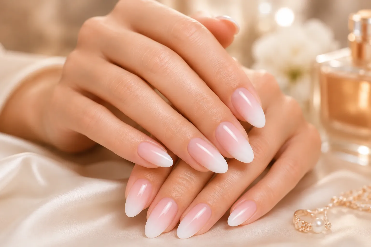 Luxury baby boomer French tip nails with a seamless blush pink to soft white gradient on medium almond nails