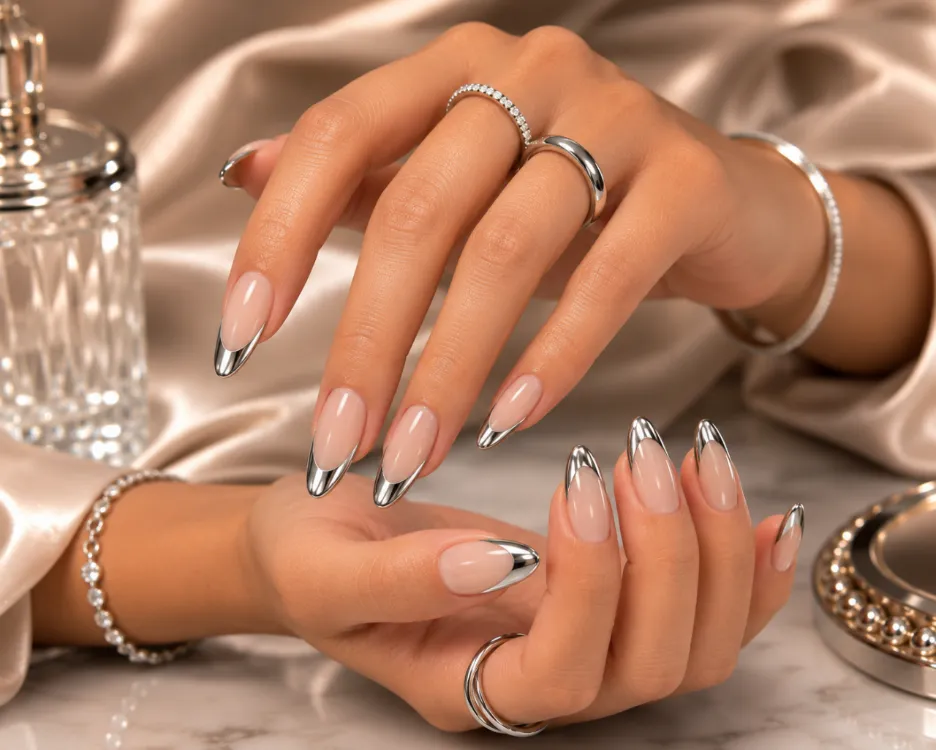 Reflective silver chrome French tip nails
