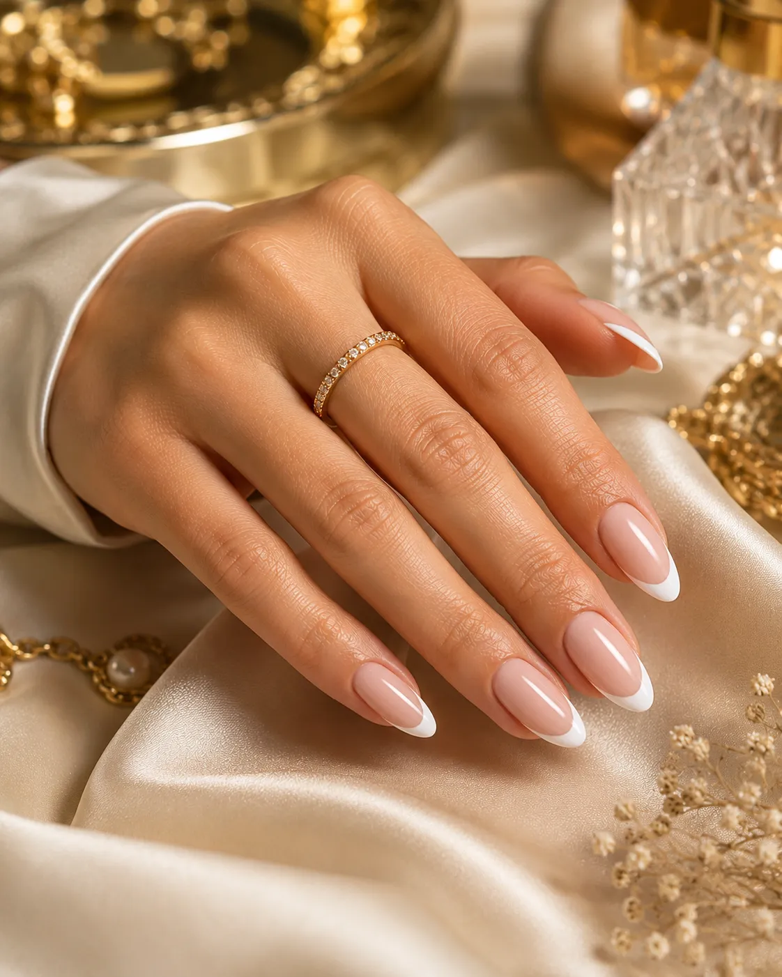 Classic French manicure with sheer pink nails and crisp white tips