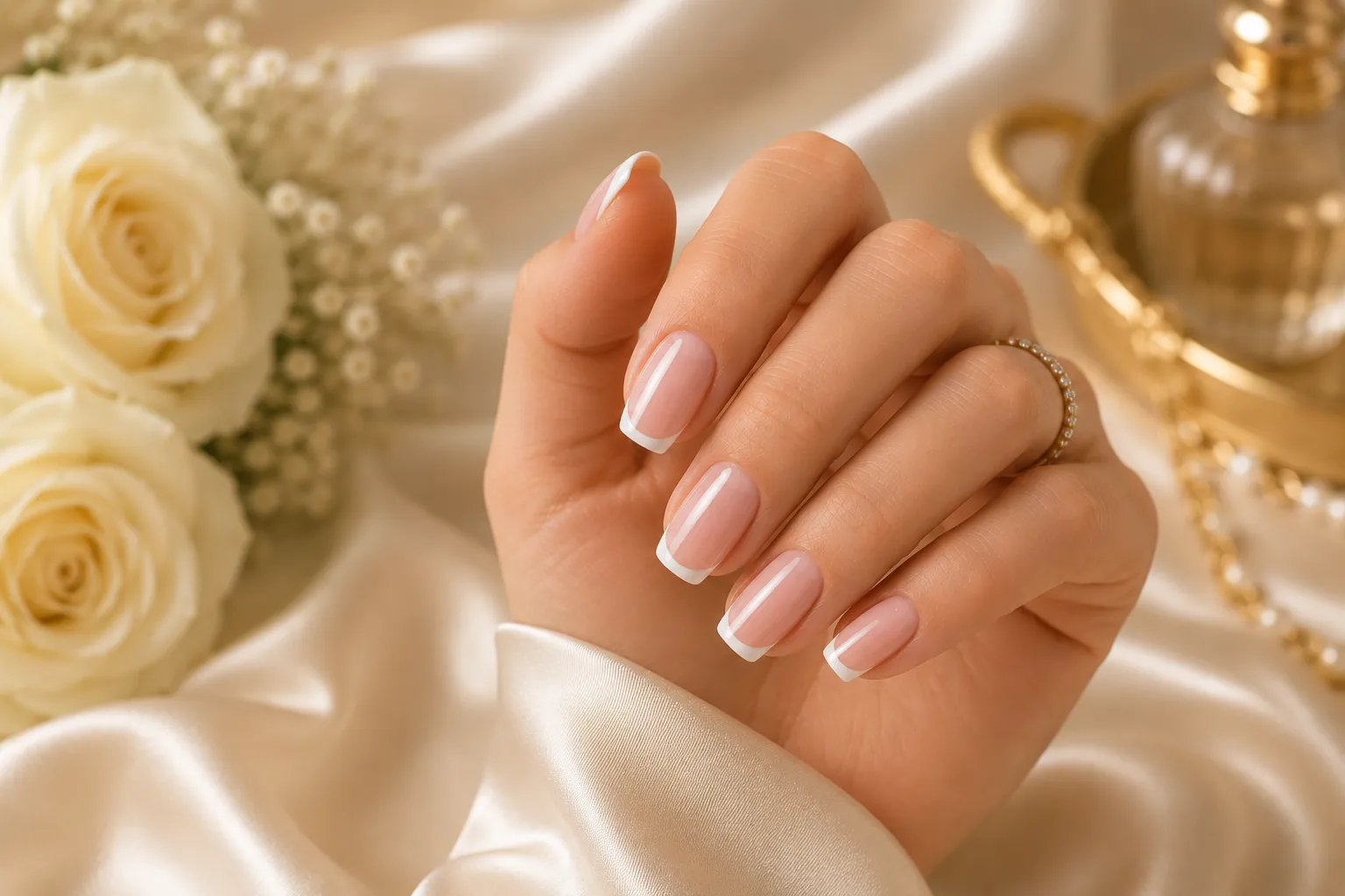 Classic white French tip nails with a sheer nude base