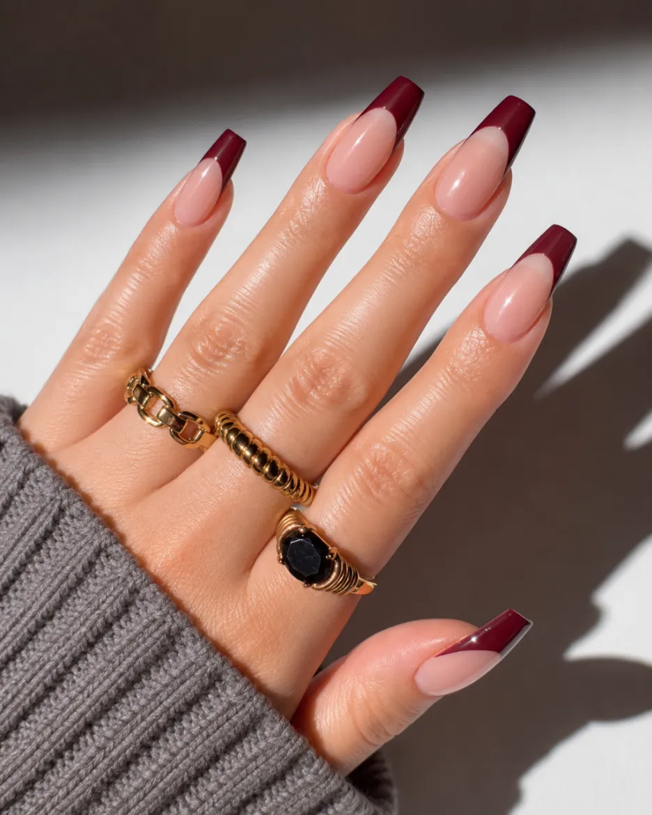 Burgundy French tips on long coffin nails