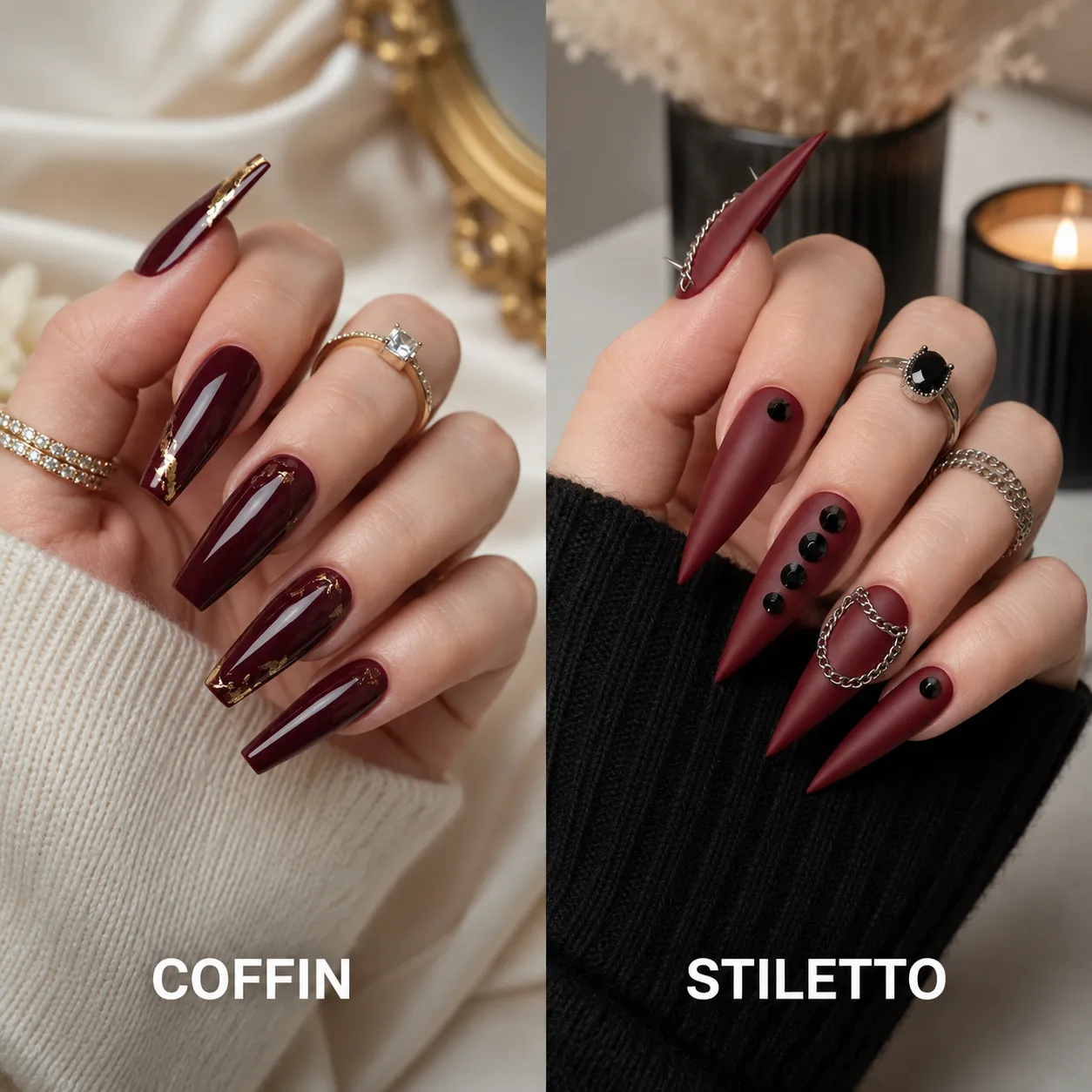 Coffin and stiletto French tip nail shapes compared side by side