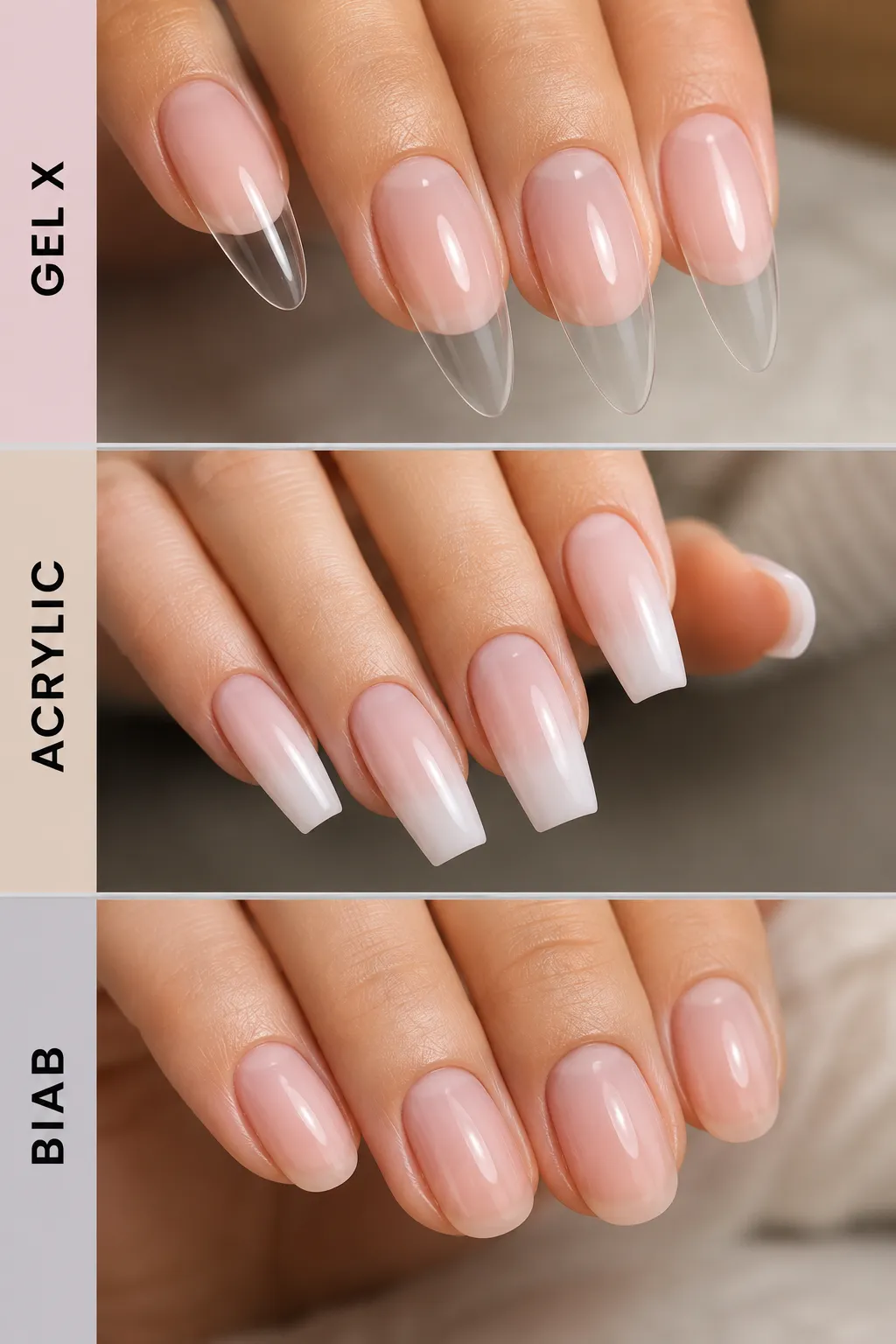 Gel X vs acrylic vs BIAB comparison showing real nail enhancements with Gel X full-cover extensions, acrylic sculpted nails, and natural BIAB builder gel overlays