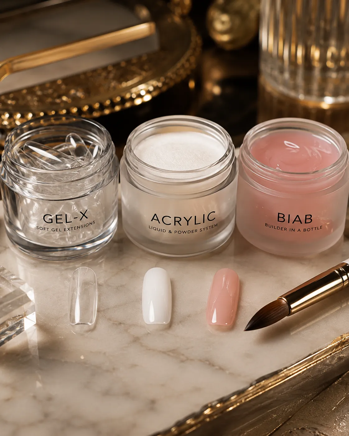 Gel X, acrylic, and BIAB nail materials displayed side by side, showing clear Gel X tips, acrylic powder, and pink builder gel in a luxury beauty studio setting.