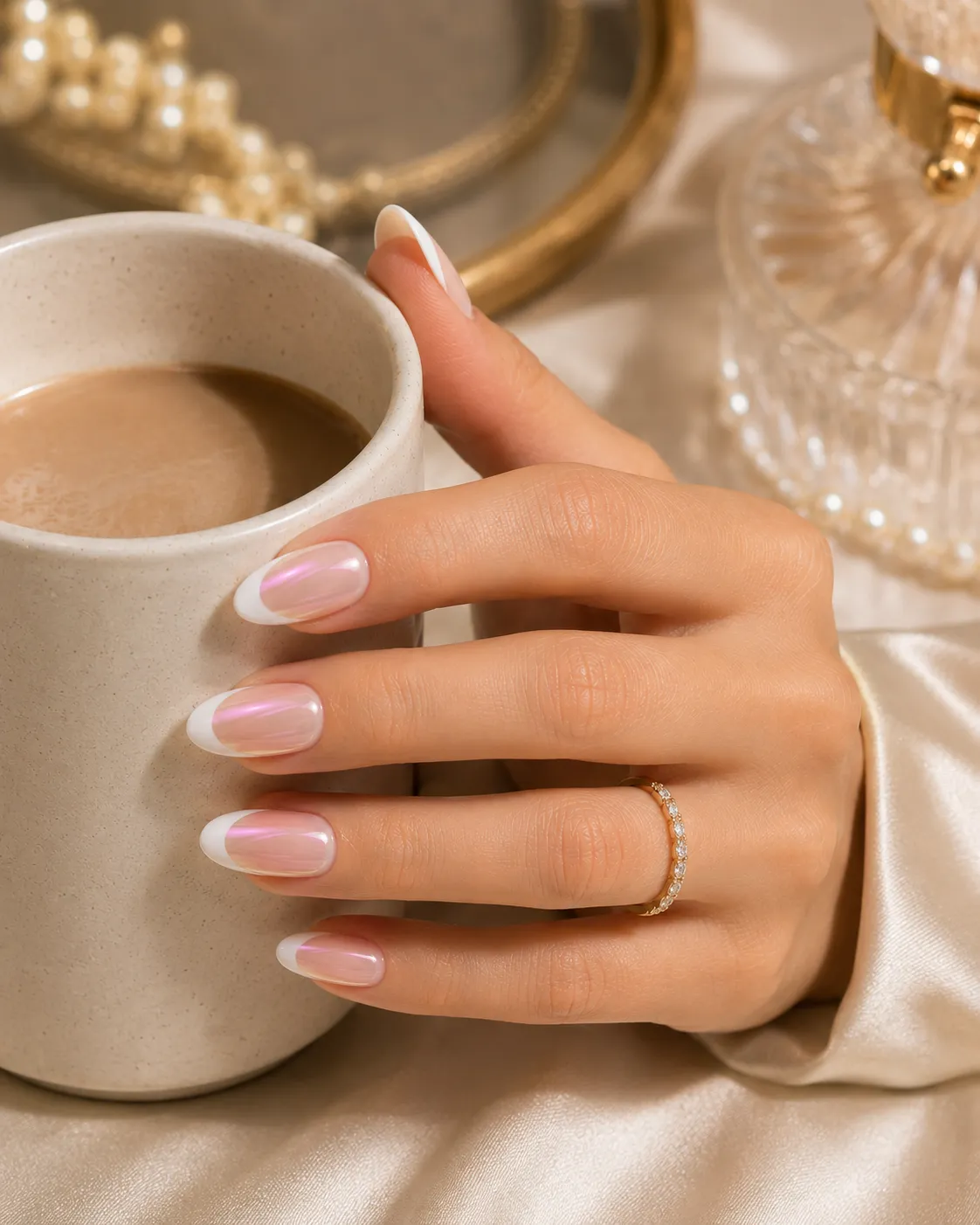 Glazed donut French tip nails with a milky base and pearlescent chrome finish