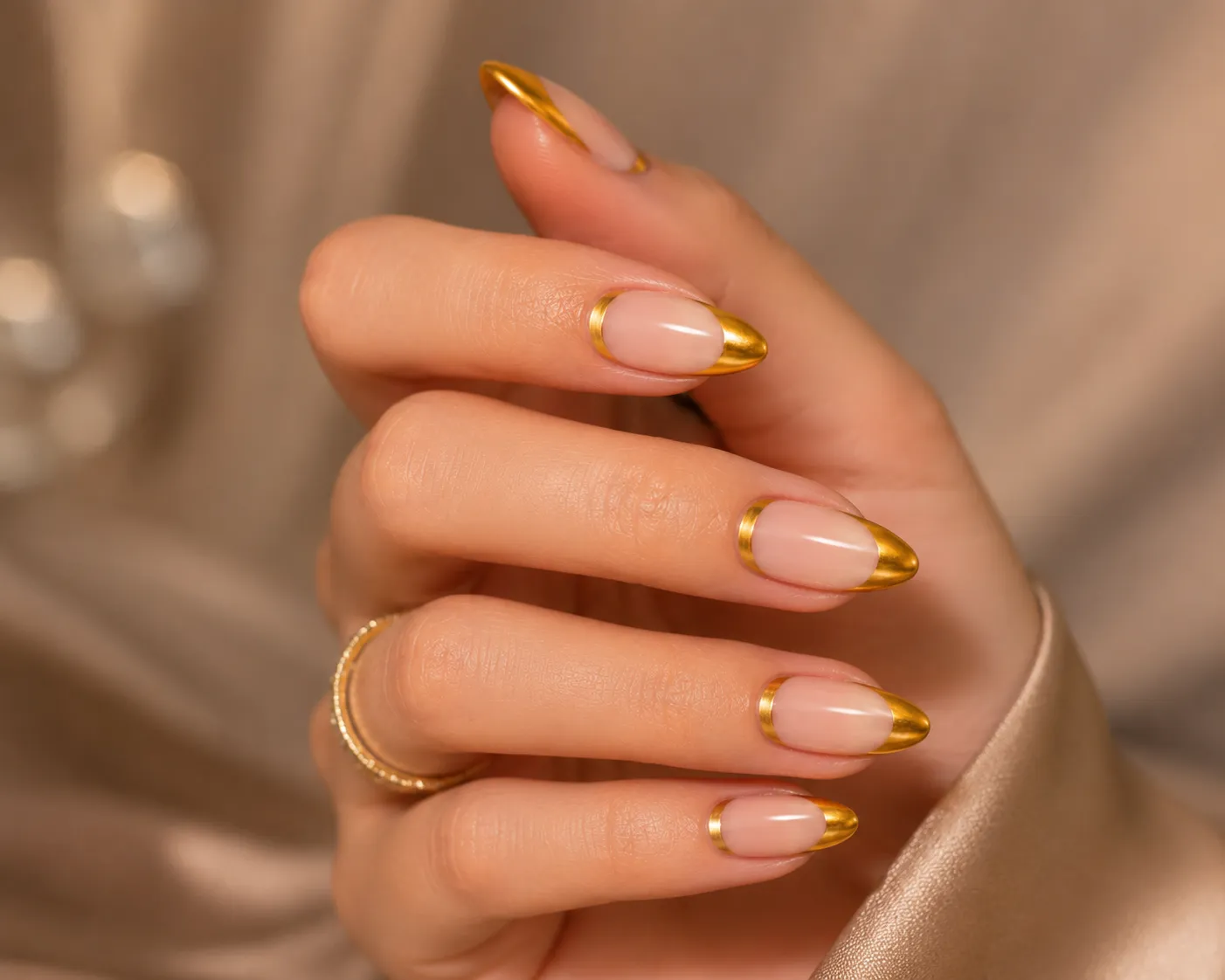 Close-up of one hand with gold chrome French tip nails on almond-shaped nails featuring metallic mirror gold tips and a glossy nude pink base
