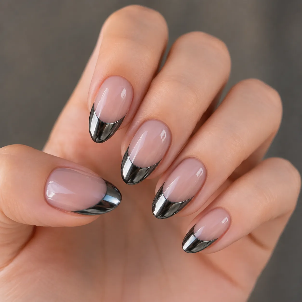 Gunmetal chrome French tips on structured square nails