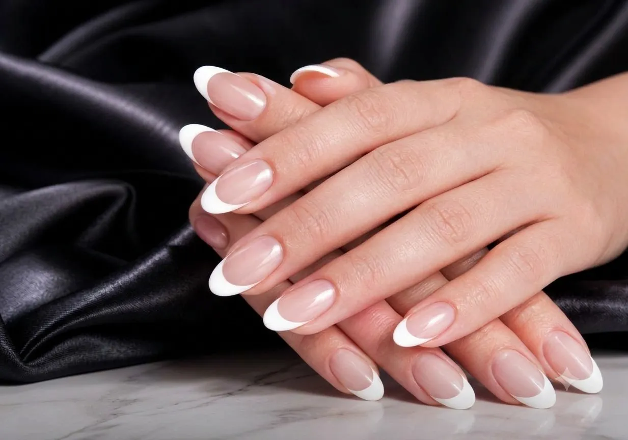 High contrast white French manicure on glossy nude nails