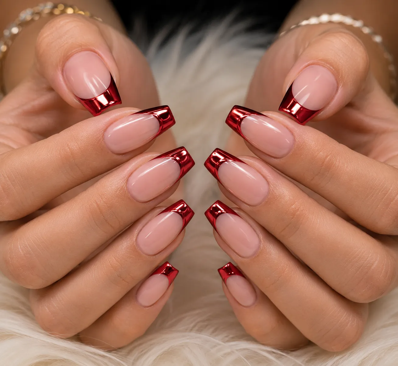 Chrome French tip nails with reflective edges