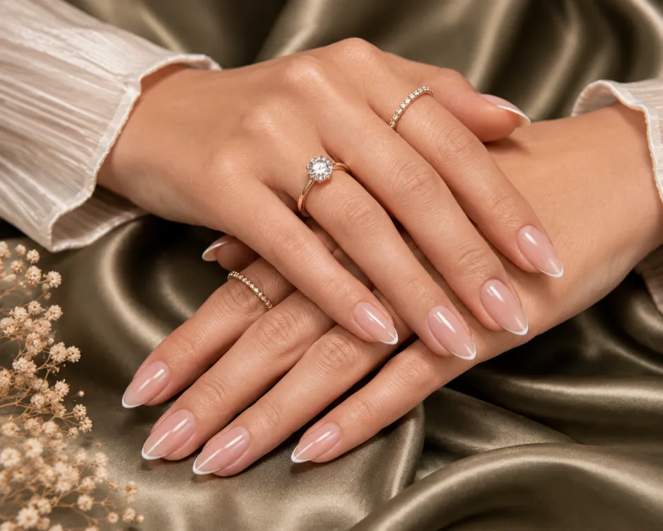Micro French tip nails with an ultra thin white smile line