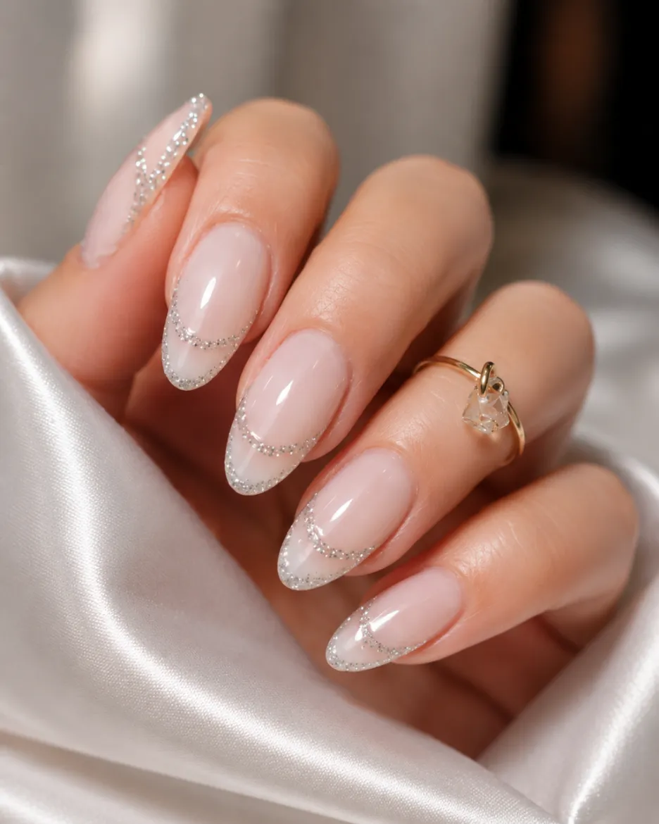 Modern outline French manicure with fine white contour lines.