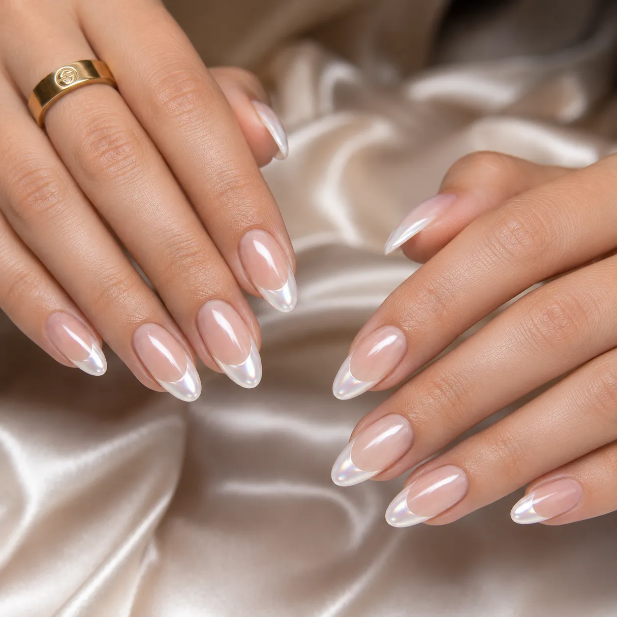 Pearl chrome French tip with luminous iridescent glow