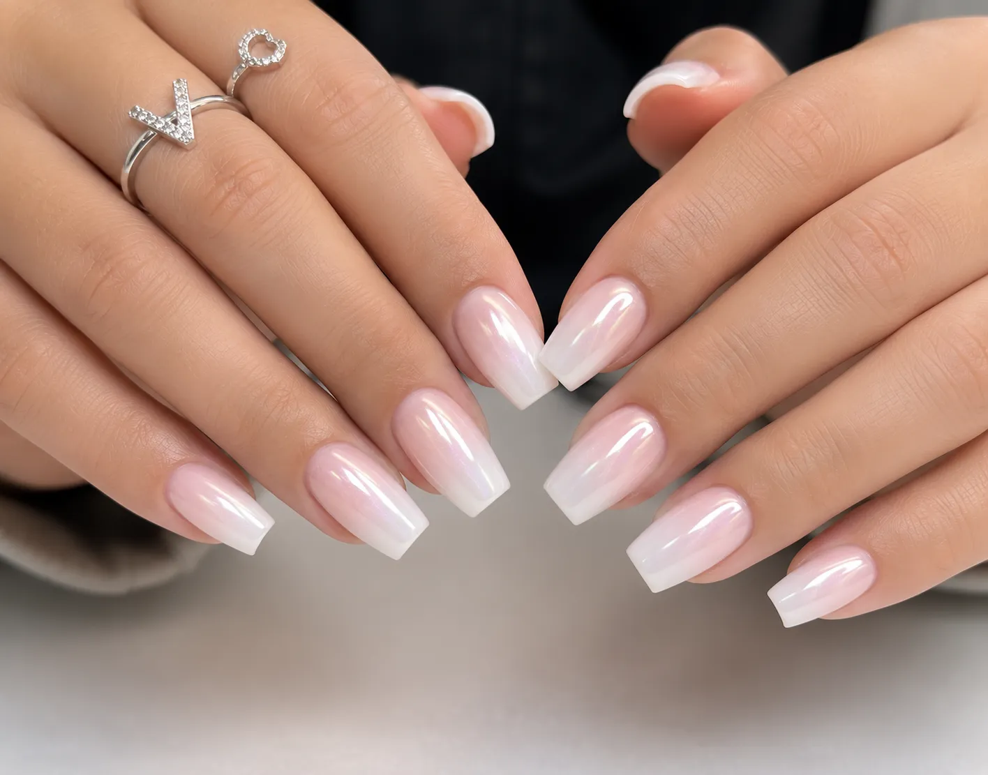 Pearl glazed Baby Boomer nails with subtle luminous sheen