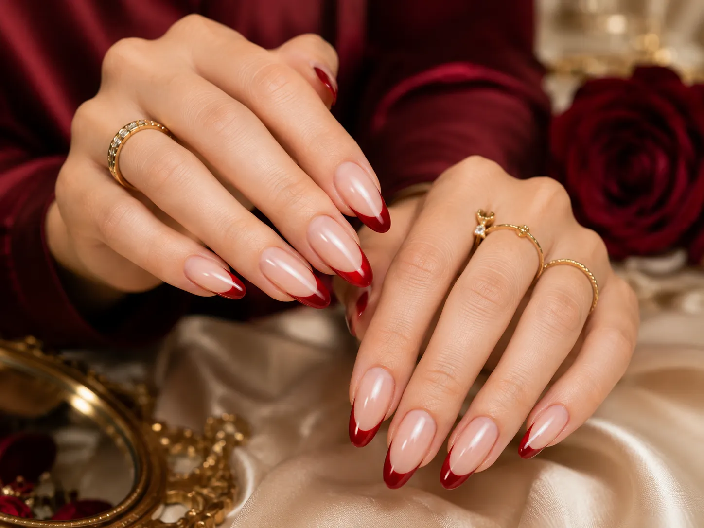 Luxury red French tip nails on square-shaped nails featuring glossy deep cherry red tips and a nude pink base in a close-up one-hand pose
