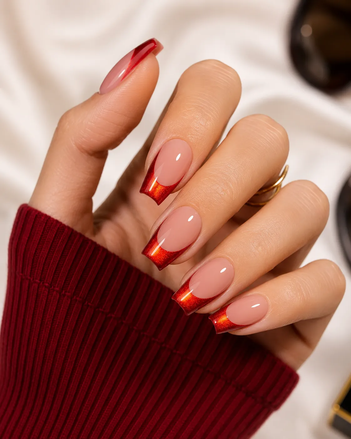Luxury red glitter French tip nails on square-shaped nails featuring sparkling deep red French tips and a glossy nude pink base in a close-up one-hand pose.