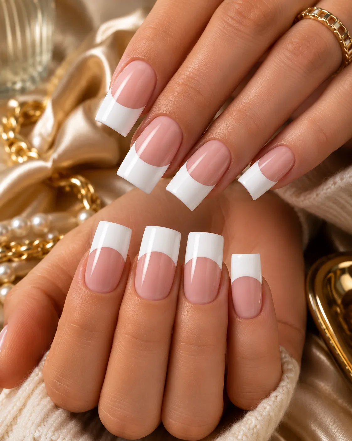 Retro wide white French tips on long square nails