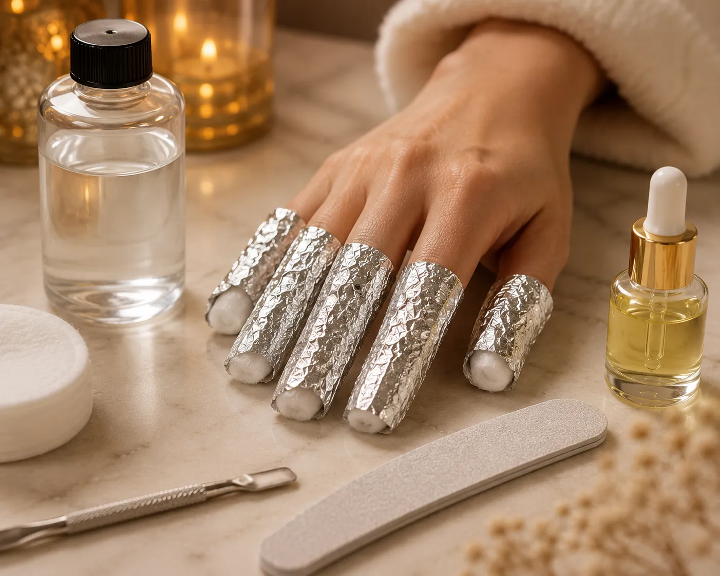 Safe gel manicure removal using acetone with cotton pads wrapped in aluminum foil on each fingertip alongside acetone, a nail file, cuticle pusher, and cuticle oil in a luxury spa setting