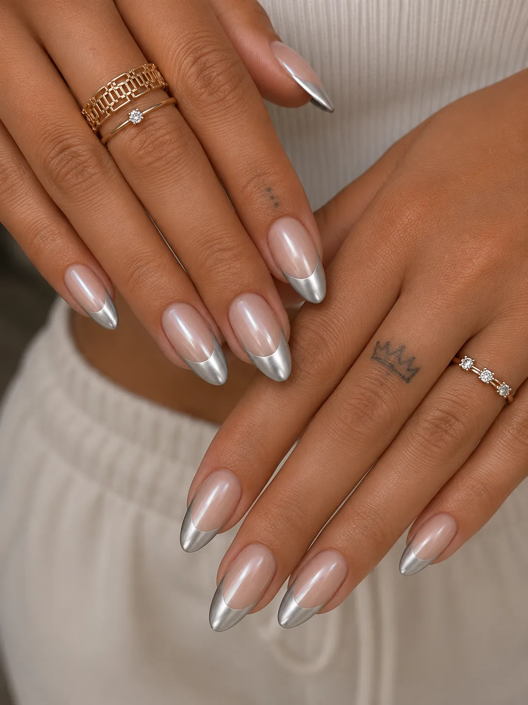 Satin chrome French tip with softly brushed metallic shine
