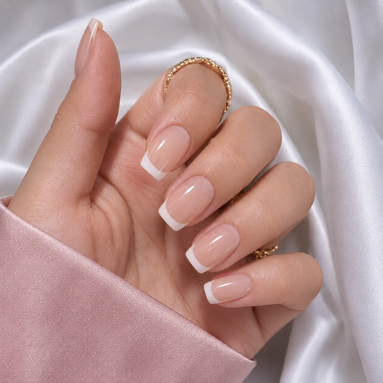 Classic French tips over a sheer nude base