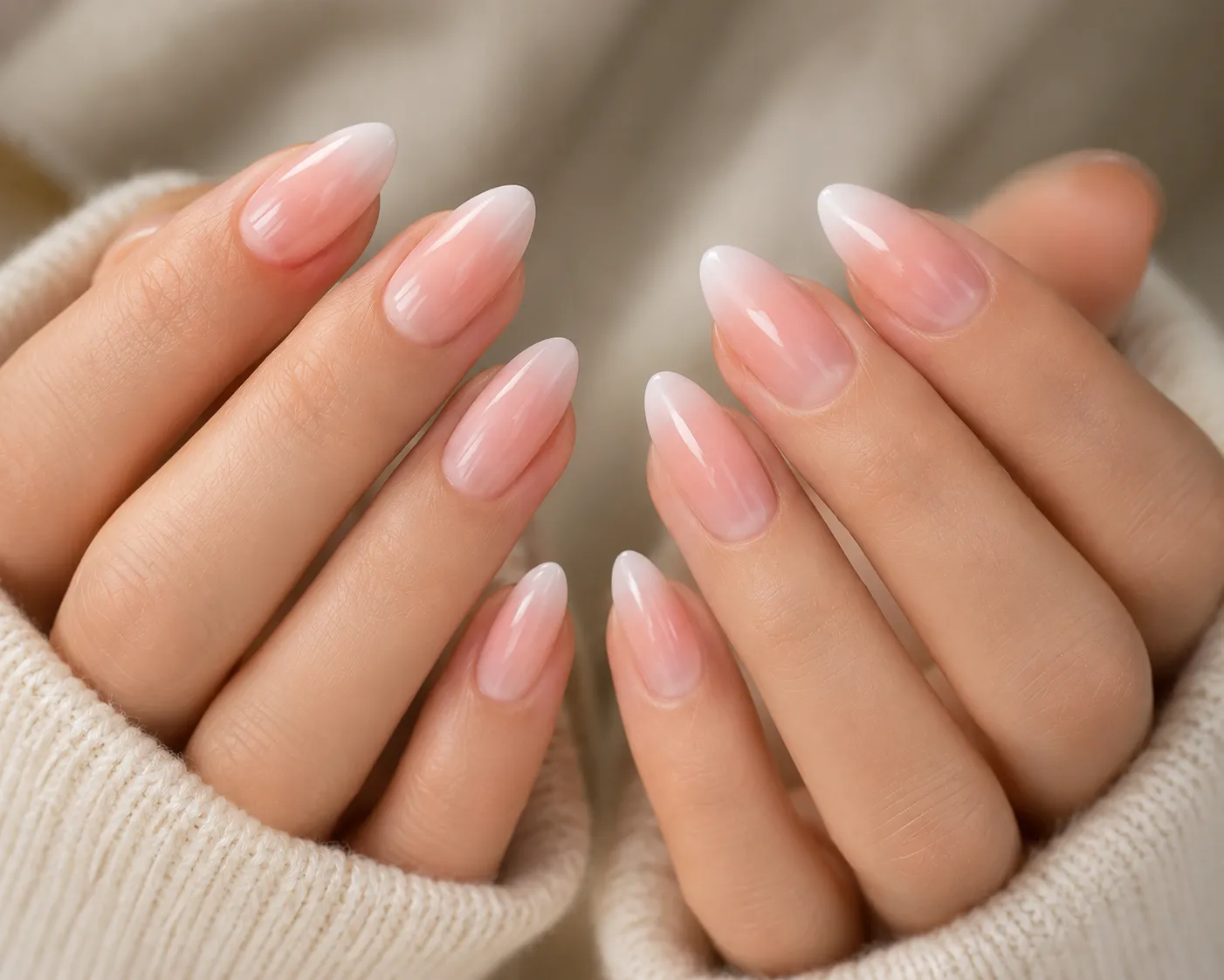 Soft baby boomer ombré French manicure on almond-shaped nails with a seamless nude-pink to milky-white gradient