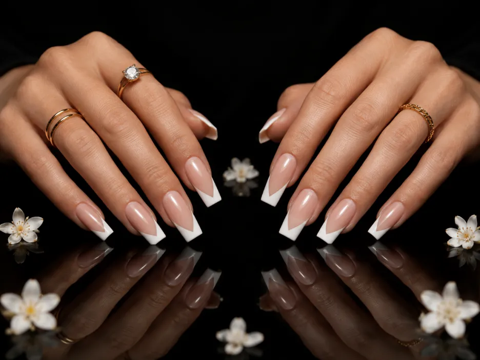 Sharp V-cut French manicure on square nails.
