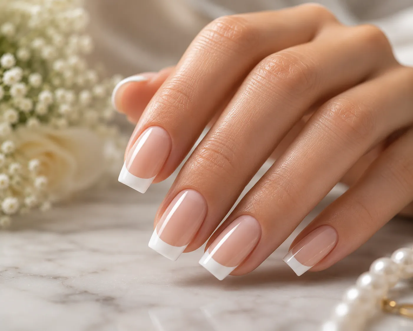 Structured acrylic classic French manicure with built-in white tips
