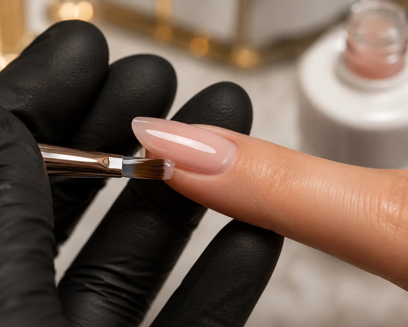 Nail technician capping the free edge of a manicure by sealing the nail tip with gel polish using a precision brush during a professional salon application