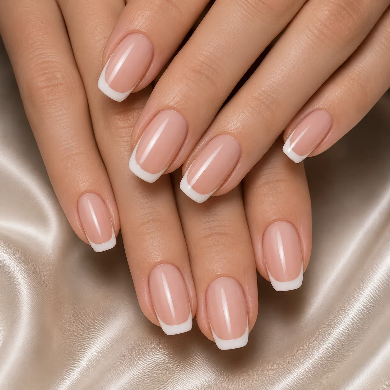 Thin classic French tips on short natural nails