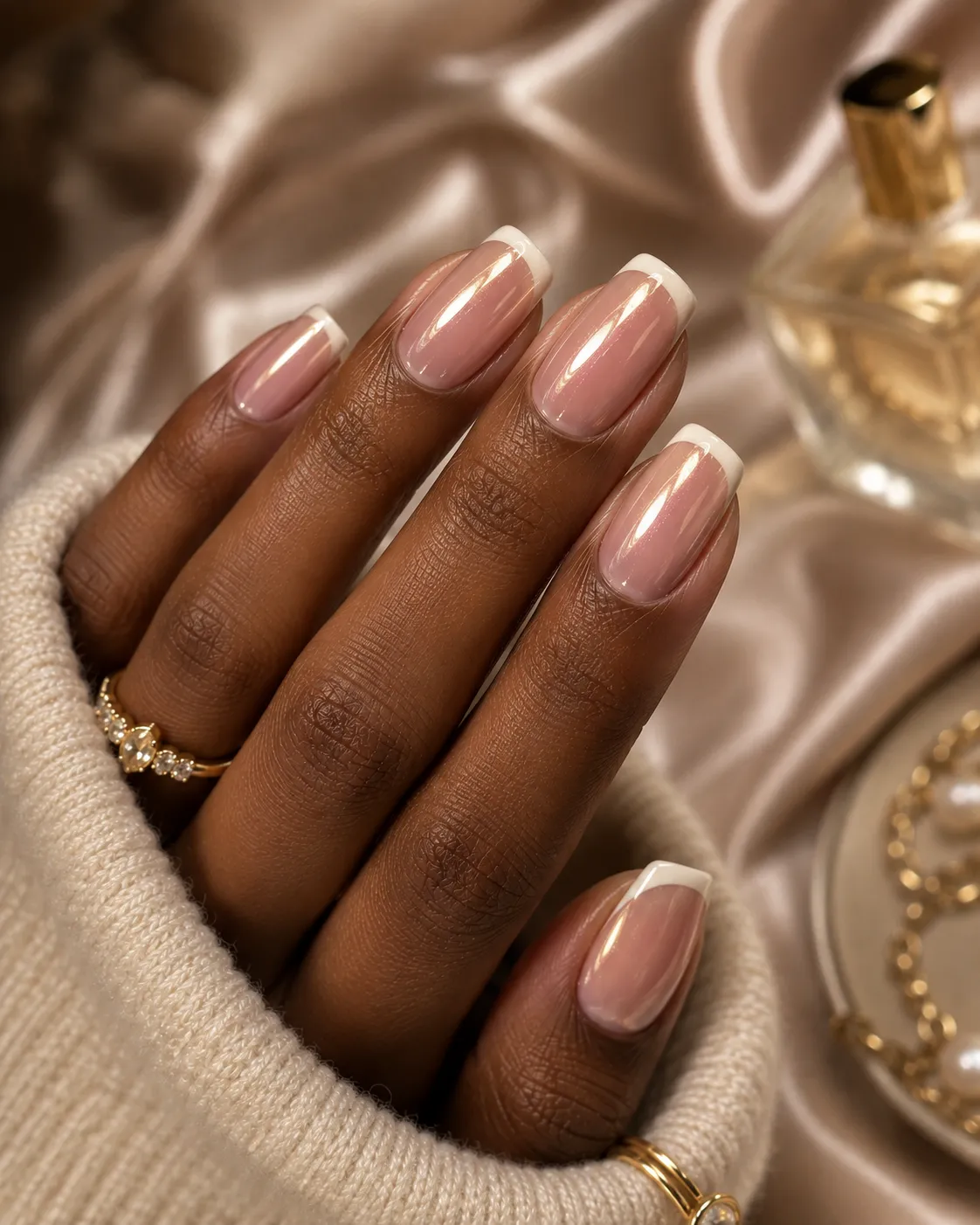 Rose vanilla glazed French tip nails on deep skin