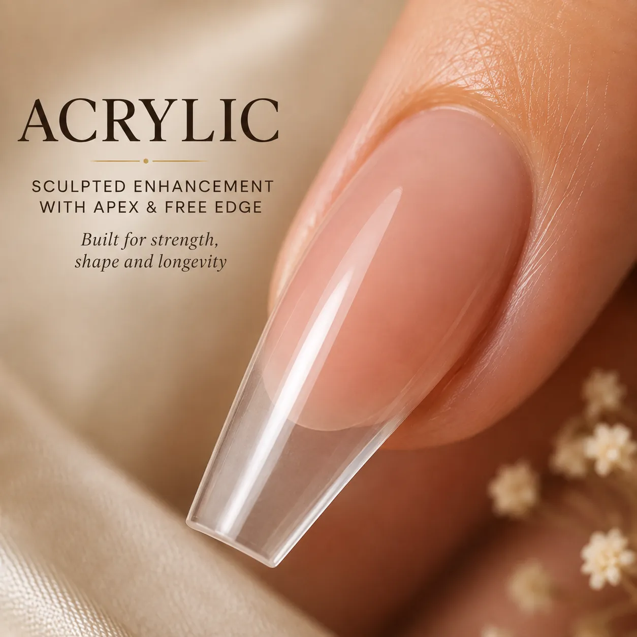 Macro view of an acrylic nail enhancement with a clearly sculpted apex and free edge