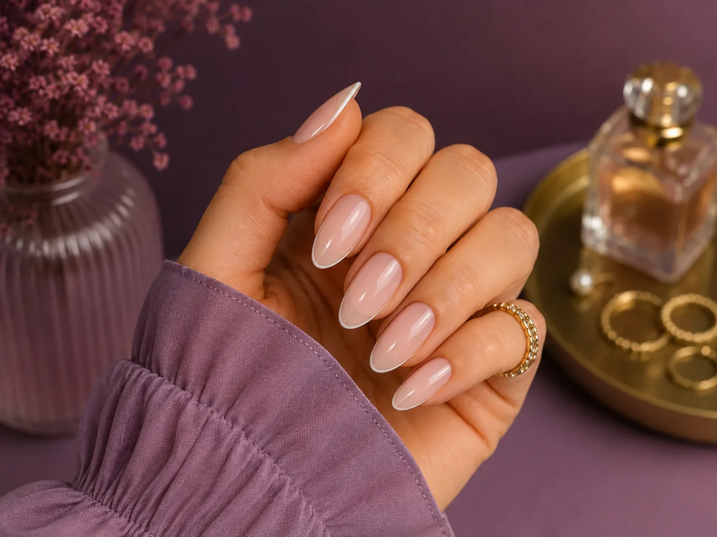 Almond shaped nails with fine white micro French tips