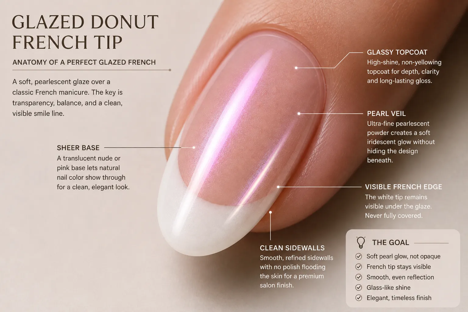 Landscape educational diagram showing the sheer base, visible French edge, pearl veil, sidewalls, and glassy topcoat of a clean glazed donut French tip