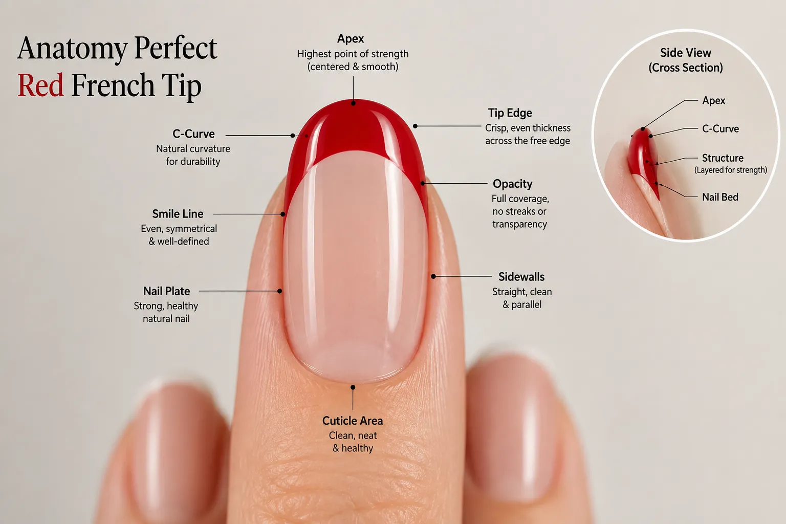 Landscape anatomy diagram of a perfect red French tip showing sheer base, smile line, pigment opacity, sealed sidewalls, and free edge