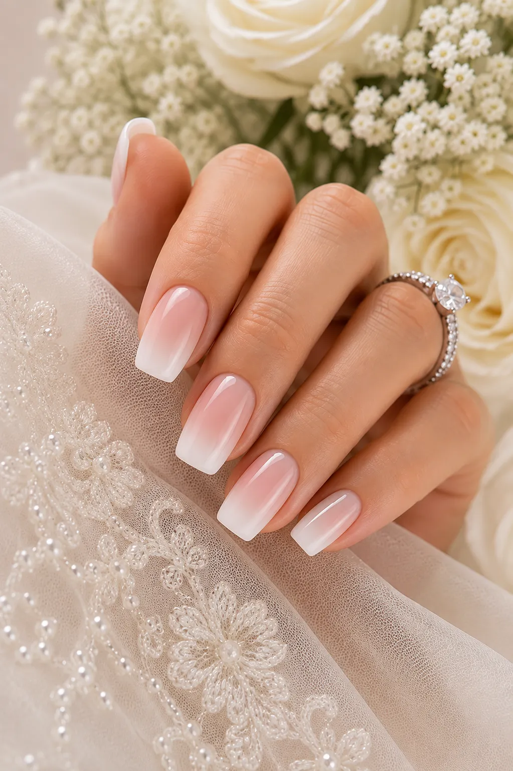 Baby Boomer French fade on soft square nails with creamy white free edge