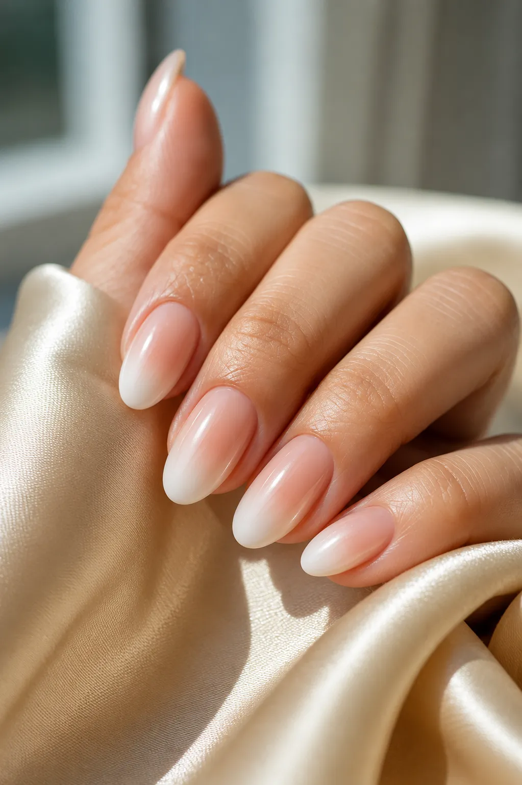 Baby Boomer French tip on oval nails with balanced rounded free edge