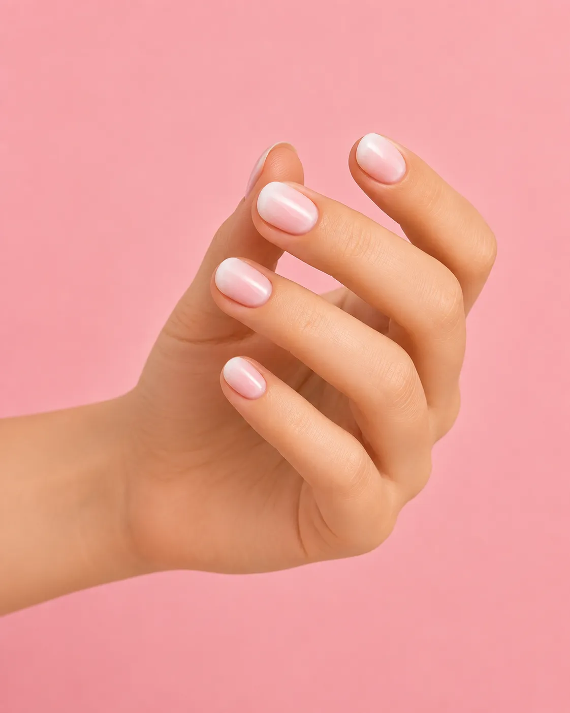 Baby Boomer manicure on short round natural nails with compact pink to white fade
