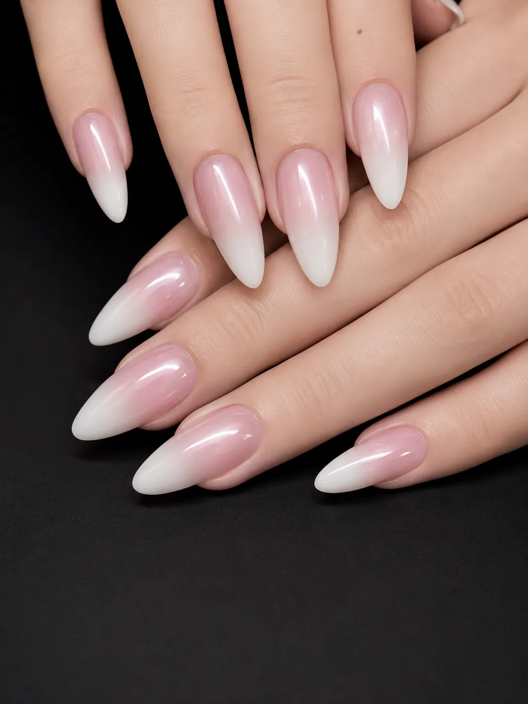 Baby Boomer nails on fair cool-toned skin with translucent rosy pink base
