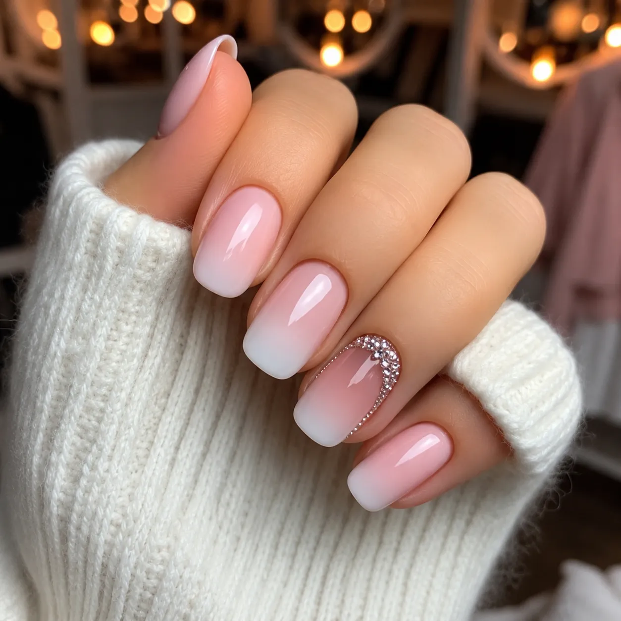 Baby Boomer nails with a minimal line of tiny crystals near the cuticle